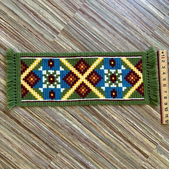 Scandinavian Hand Embroidered Small Table Runner Vintage Geometric & Fringe Ends - Picture 4 of 6